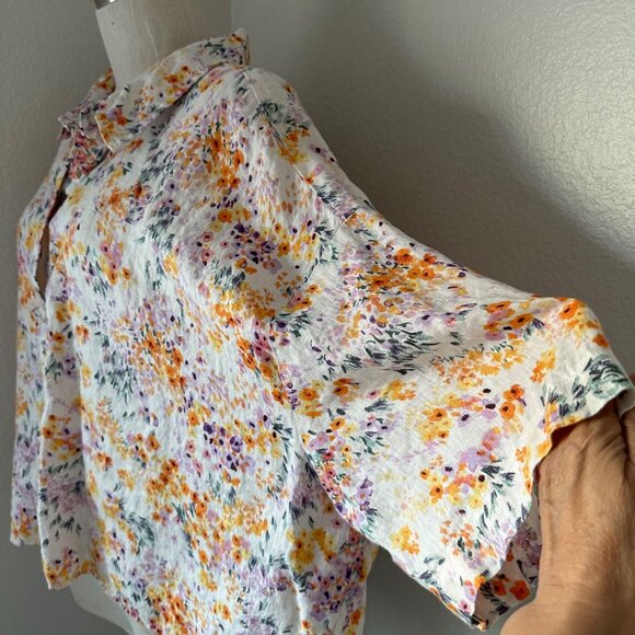 H&M Linen Button Up Crop Shirt Slouchy Sleeve Multicolor Floral Print Lightweigh - Picture 6 of 10